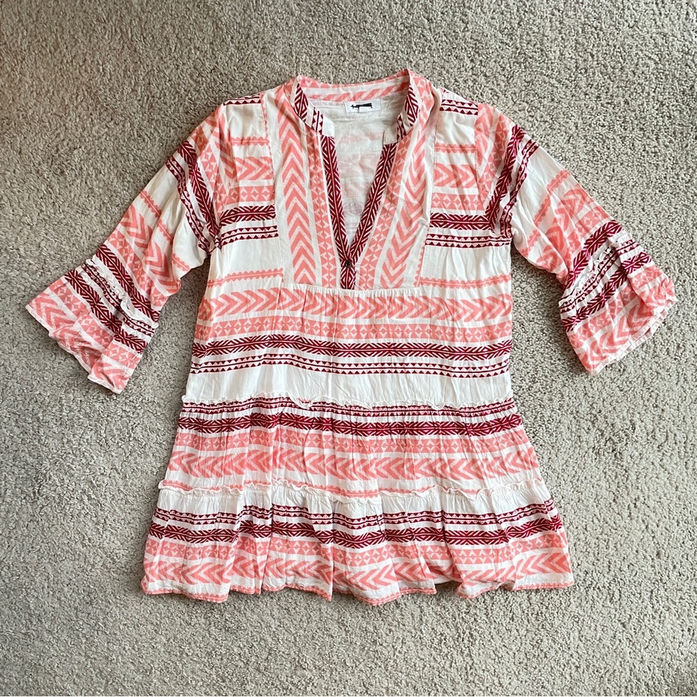 THML Boho V-Cut Coral Red White Ruffles Bell Sleeve Tunic Mini Dress Size Small